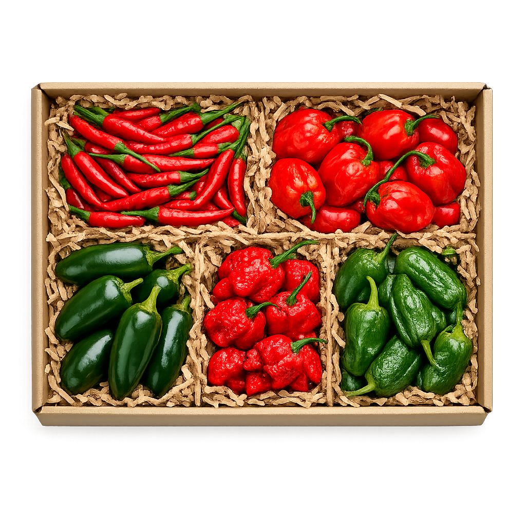 Box paprykowy zestaw pieciu odmian swiezych papryczek chilli Boxujemy