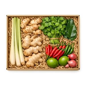 Zestaw azjatyckie smaki box ze swiezymi ziolami galangal imbir chilli Boxujemy