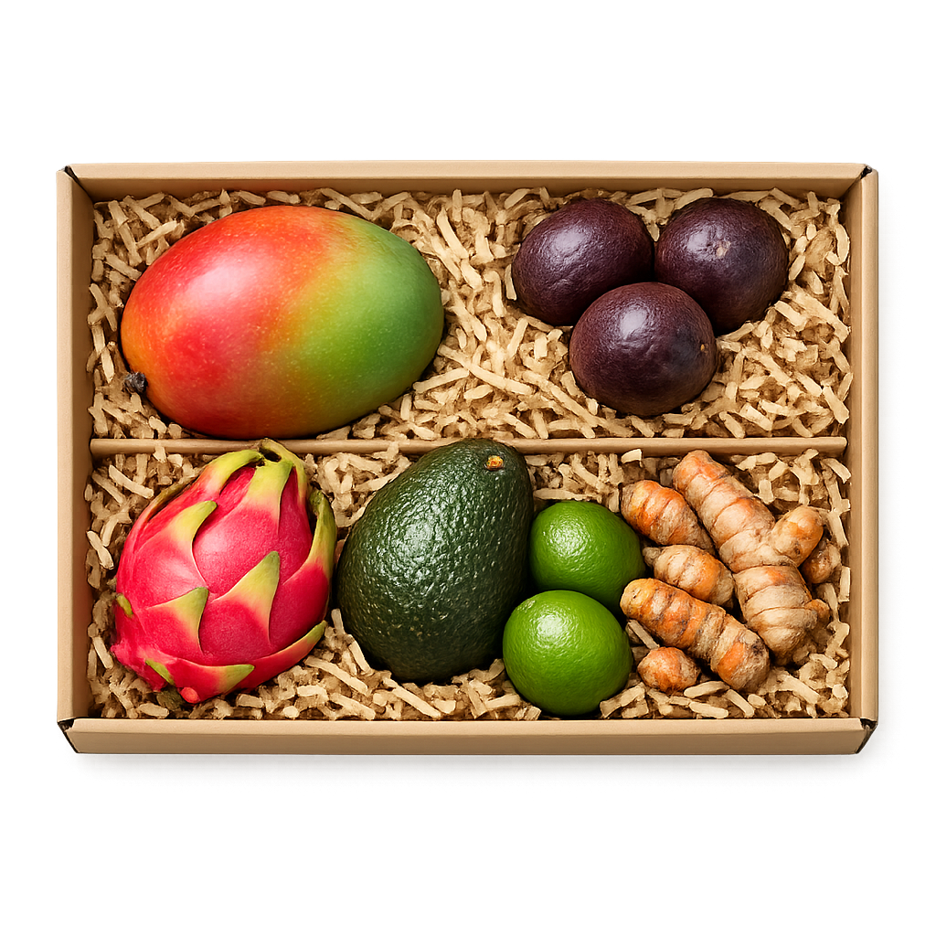 Box Tropikalny Poranek z mango, pitają, marakują, awokado, limonkami i świeżą kurkumą