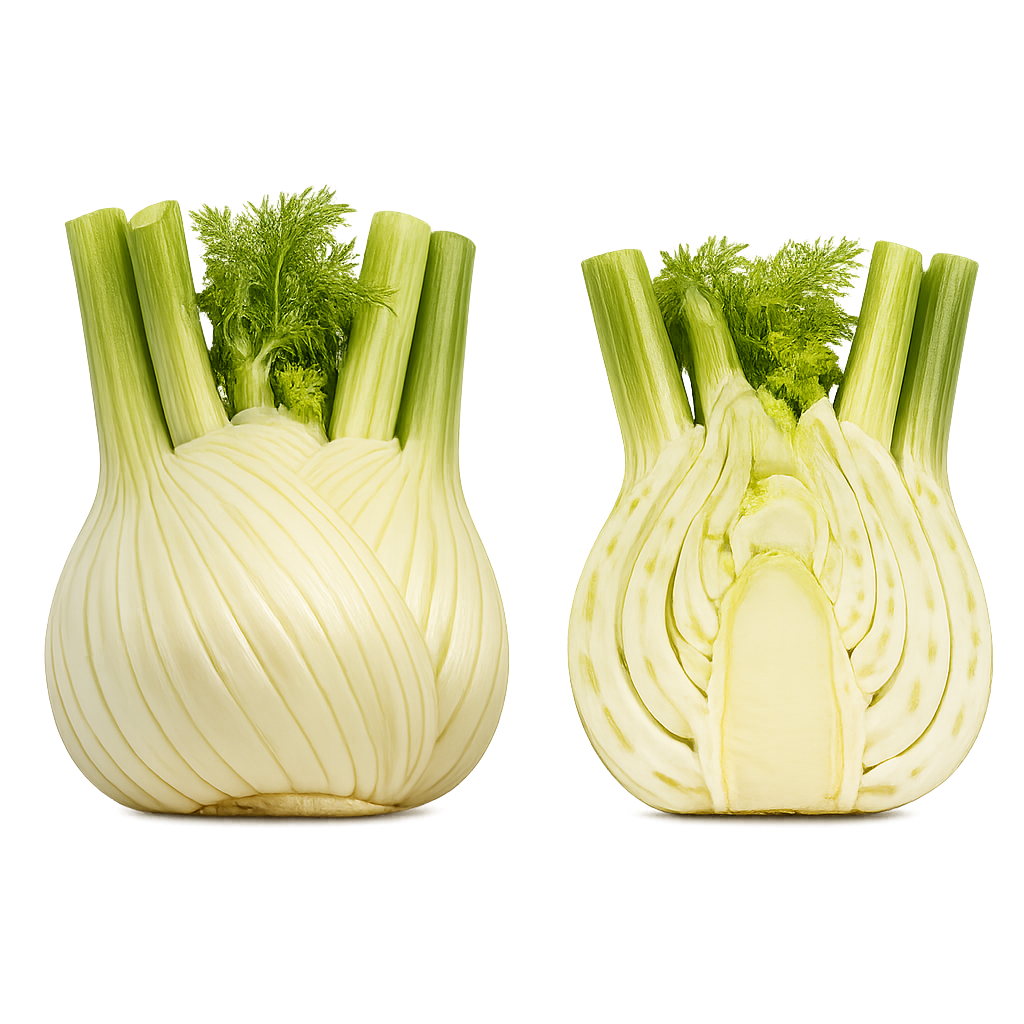 świeży fenkuł koper włoski bulwa i przekrój zielona natka boxujemy