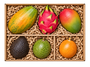 Box na Pierwszy Raz z mango, pitają o białym miąższu, papają, awokado, zieloną marakują i granadillą